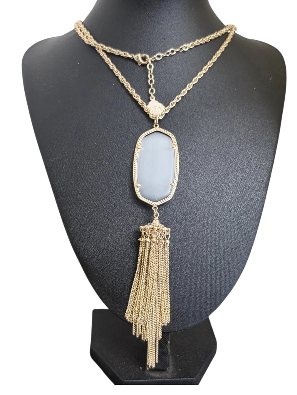 Kendra Scott Rayne Tassel Necklace Gold Tone Gray Cat’s Eye Glass 32”